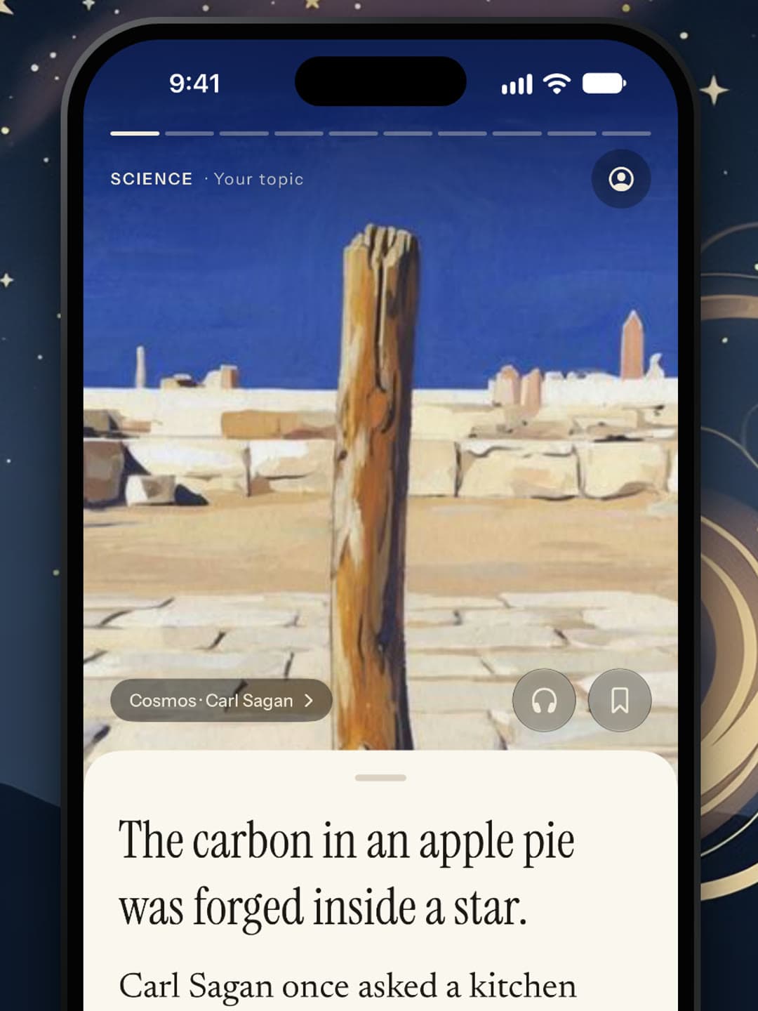 The Booksnack feed on an iPhone at night: a painting of a wooden pillar on a sunlit stone plaza, from Cosmos.