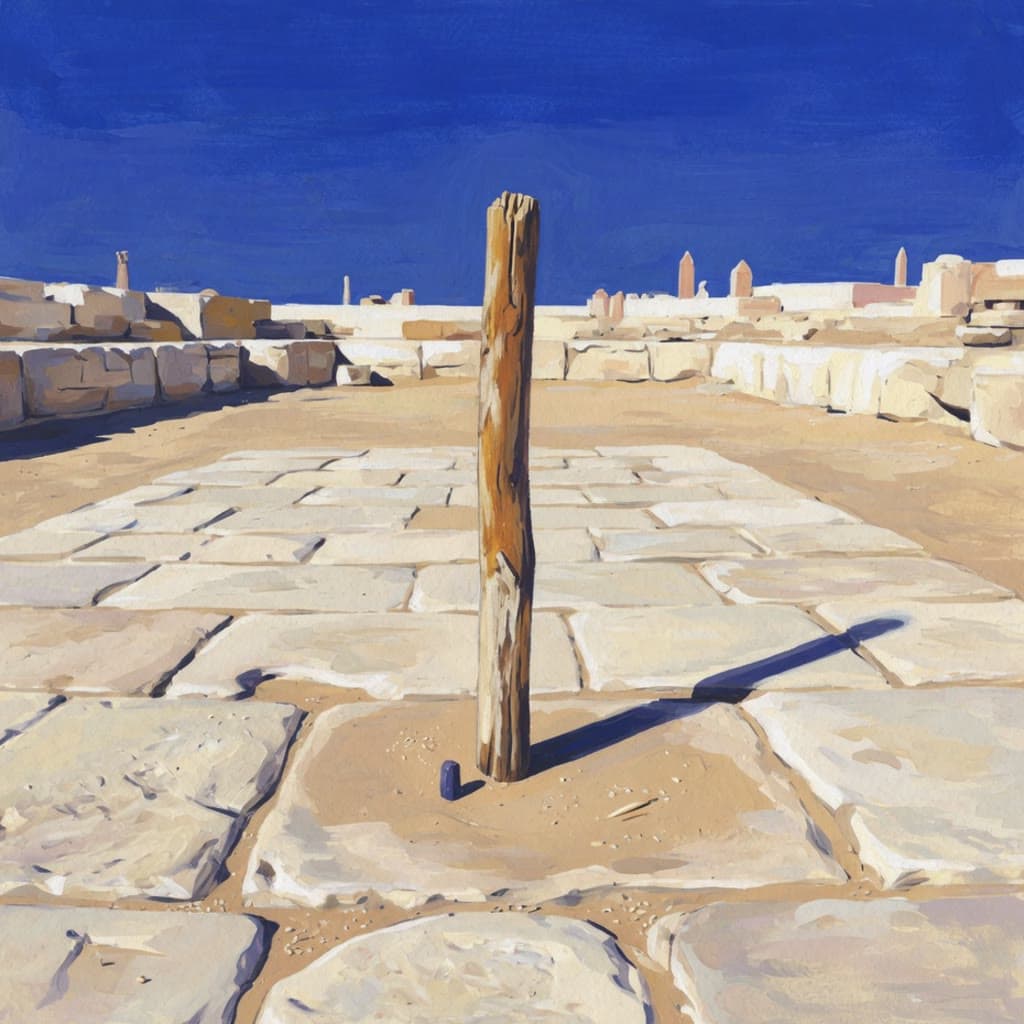 A wooden pillar casting a sharp shadow on a sunlit stone plaza under a deep blue sky: the Cosmos painting.